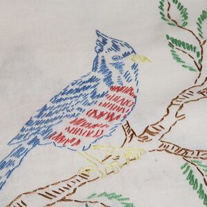 VINTAGE 1960s STAMPED BLUE JAY BIRD EMBROIDERED SEWING CRAFT QUILT RUNNER